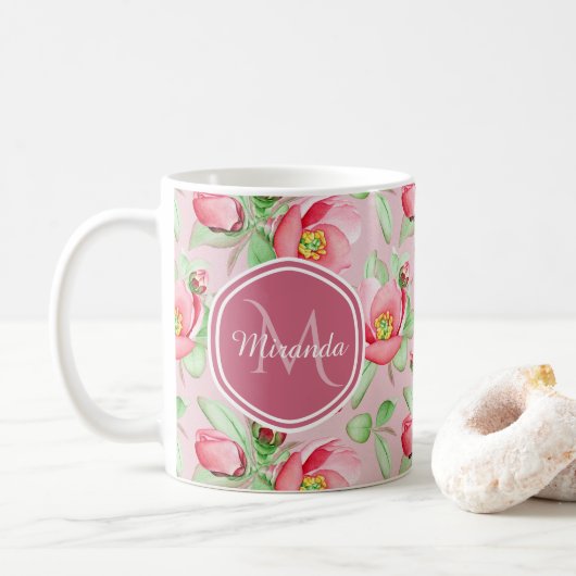 Mug Monogramme Fleur de Pommier Rose (Avec donut)