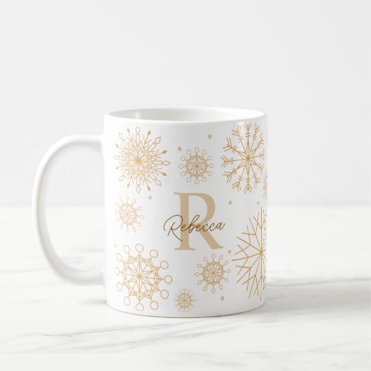 Mug Monogramme flocon de neige élégant or thème hiver (Gauche)