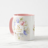 Mug Monogramme floral aquarelle I Initiale dorée perso (Devant gauche)