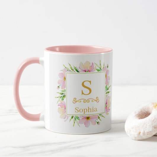 Mug Monogramme floral aquarelle I Initiale dorée perso (Avec donut)