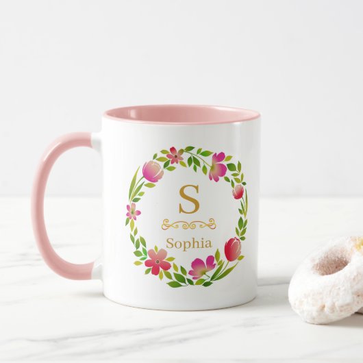Mug Monogramme floral aquarelle I Initiale dorée perso (Avec donut)