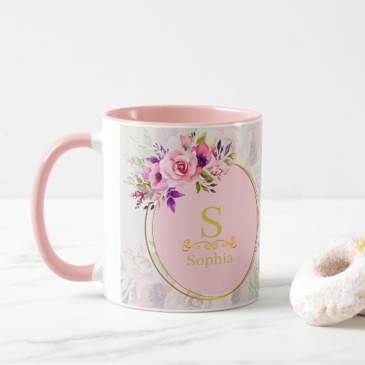 Mug Monogramme floral aquarelle I Initiale dorée perso (Avec donut)