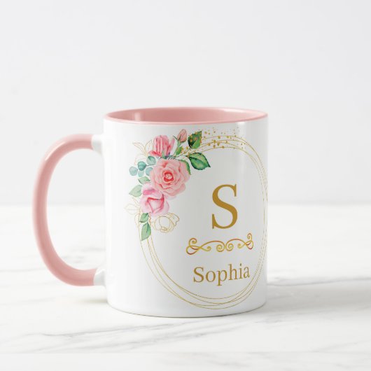 Mug Monogramme floral aquarelle I Initiale dorée perso (Gauche)
