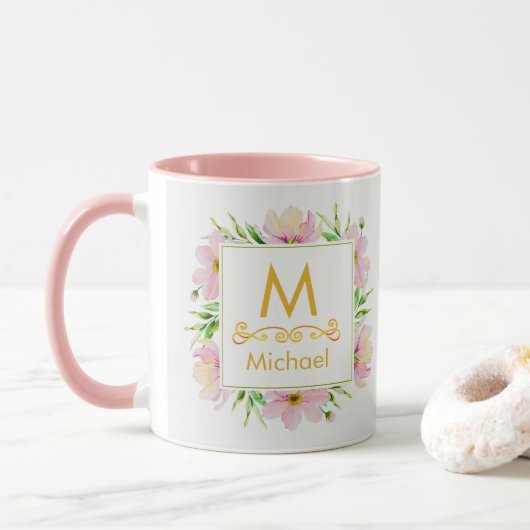 Mug Monogramme floral aquarelle I Initiale et nom en o (Avec donut)