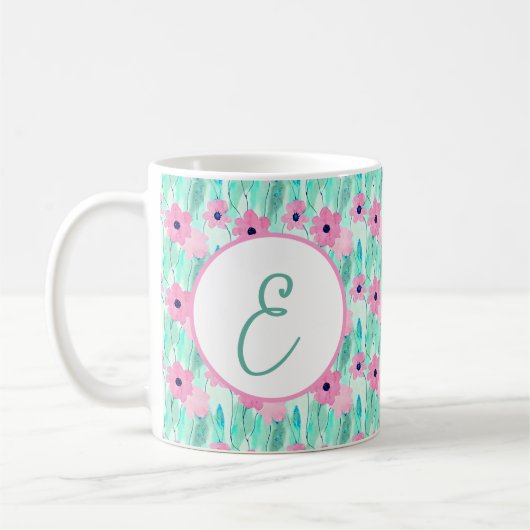 Mug Monogramme floral aquarelle rose clair et vert (Gauche)