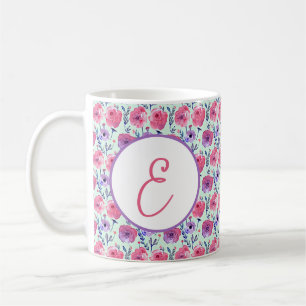 Mug Monogramme floral aquarelle rose pâle et violet