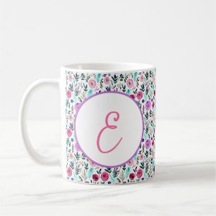 Mug Monogramme floral aquarelle violet, rose et rouge