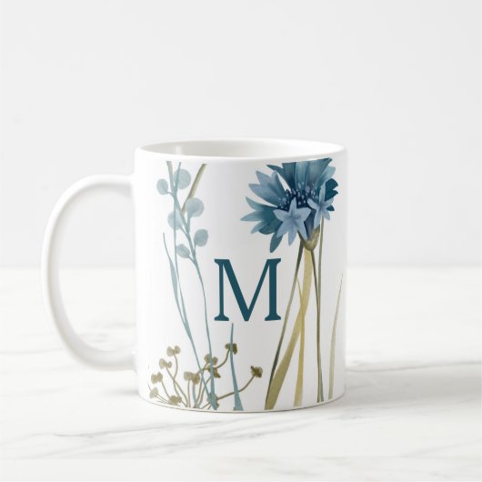Mug Monogramme Floral Bleu clair or sur blanc (Gauche)