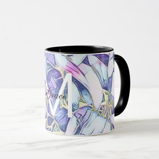Mug Monogramme Floral Bleu Et Violet (Devant droit)