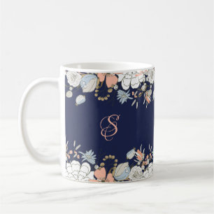 Mug Monogramme floral bleu rose bleu marine Personnali