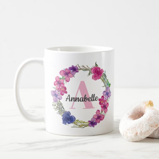 Mug Monogramme Floral bleu rose violet moderne été (Avec donut)