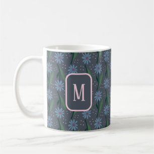 Mug Monogramme floral bleu sauvage dessiné à la main