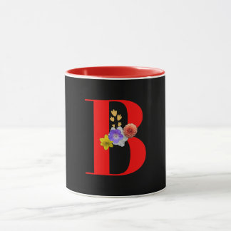 Mug Monogramme Floral Cursive A Rouge Intérieur Noir