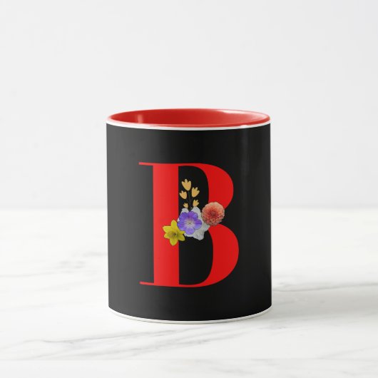 Mug Monogramme Floral Cursive A Rouge Intérieur Noir (Centre)