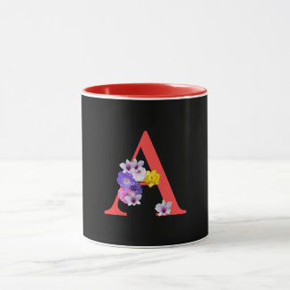 Mug Monogramme Floral Cursive A Rouge Intérieur Noir
