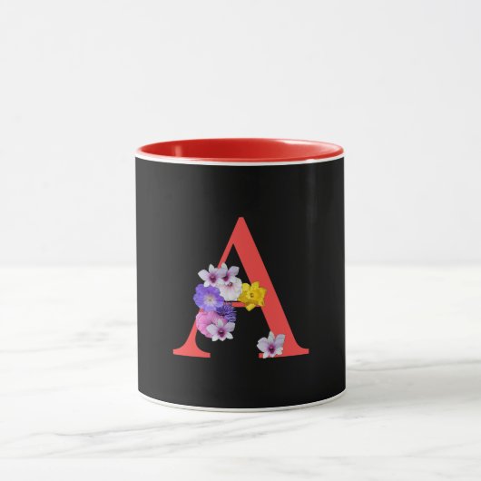 Mug Monogramme Floral Cursive A Rouge Intérieur Noir (Centre)