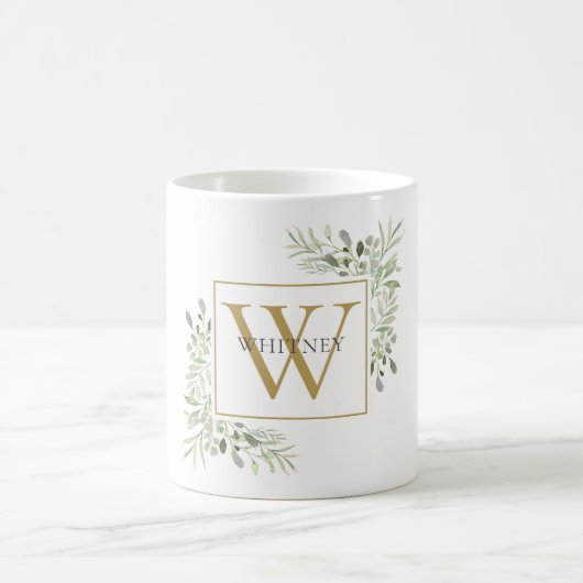 Mug Monogramme Floral de Feuillage en Or Moderne (Centre)