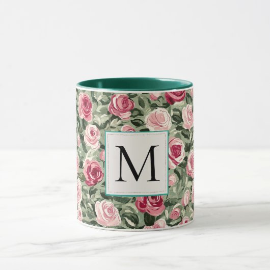 Mug Monogramme floral de roses roses vert sarcelle rom (Centre)