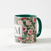 Mug Monogramme floral de roses roses vert sarcelle rom (Devant droit)