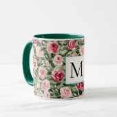 Mug Monogramme floral de roses roses vert sarcelle rom (Devant gauche)