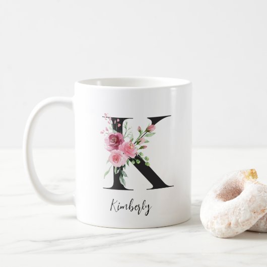 Mug Monogramme Floral K Aquarelle Nom (Avec donut)