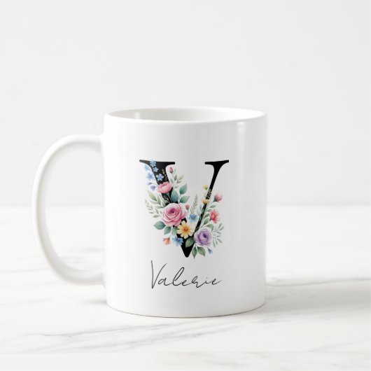 Mug Monogramme floral – Lettre V (Gauche)