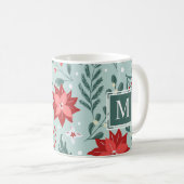 Mug Monogramme floral moderne de Poinsettias et Berrie (Devant droit)