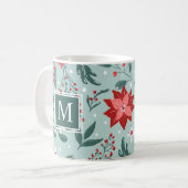 Mug Monogramme floral moderne de Poinsettias et Berrie (Devant gauche)