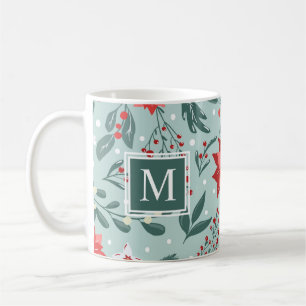Mug Monogramme floral moderne de Poinsettias et Berrie