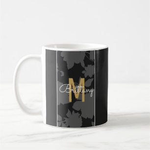 Mug Monogramme floral noir et gris élégant d'or