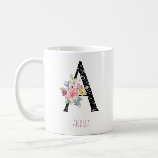Mug Monogramme Floral Nom A Point Noir (Gauche)