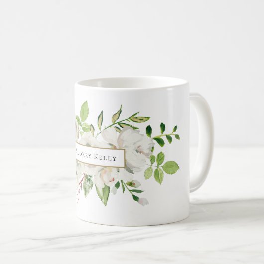 Mug Monogramme floral peint en blanc (Devant droit)