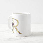 Mug Monogramme floral rose avec lettre R élégante doré (Devant gauche)