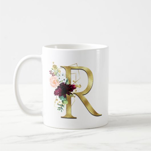 Mug Monogramme floral rose avec lettre R élégante doré (Gauche)