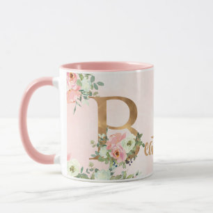 Mug monogramme floral rose B aquarelle avec nom