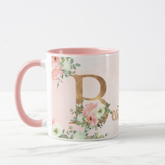 Mug monogramme floral rose B aquarelle avec nom (Gauche)