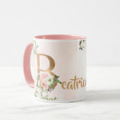 Mug monogramme floral rose B aquarelle avec nom (Devant gauche)