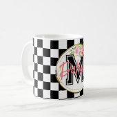 Mug monogramme floral rose damier noir et blanc (Devant gauche)