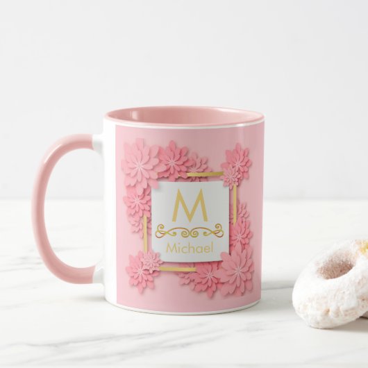 Mug Monogramme floral rose I Initiale et nom personnal (Avec donut)