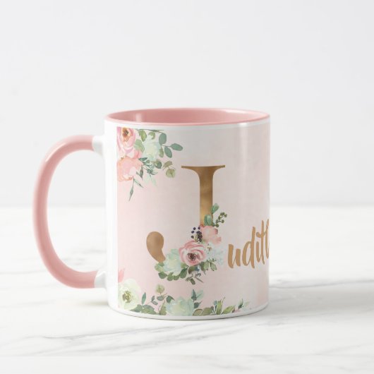 Mug monogramme floral rose J aquarelle avec nom (Gauche)