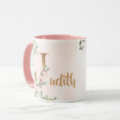 Mug monogramme floral rose J aquarelle avec nom (Devant gauche)
