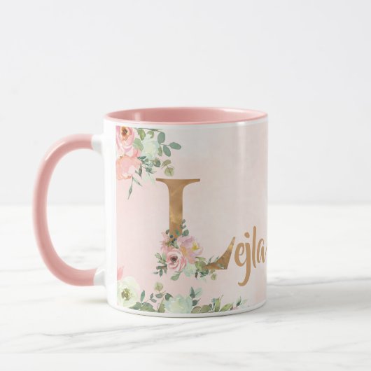 Mug monogramme floral rose L aquarelle avec nom (Gauche)