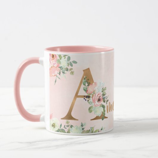 Mug monogramme floral rose Une aquarelle avec nom (Gauche)
