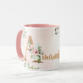 Mug monogramme floral rose Une aquarelle avec nom (Devant gauche)