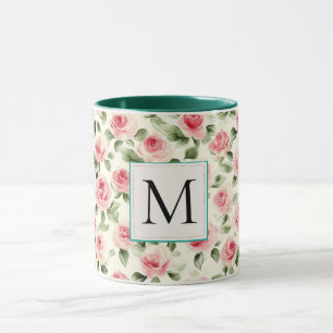 Mug Monogramme floral Roses rose saumon sarcelle roman