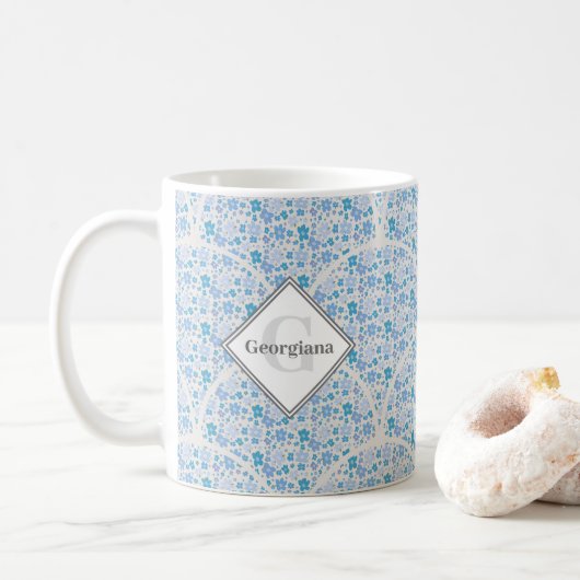 Mug Monogramme Flore rétro Berry Bleu Art Déco (Avec donut)
