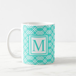 Mug Monogramme géo treillis moderne turquoise et blanc