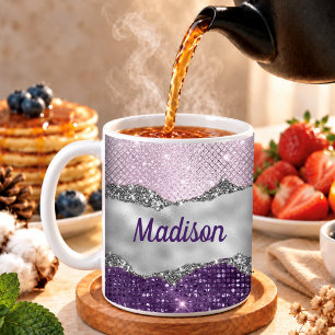 Mug Monogramme girly argent pailleté rose violet éléga