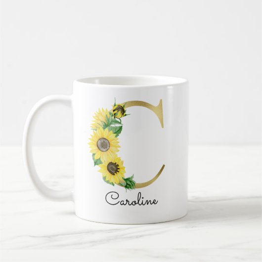 Mug Monogramme Gold Sunflower Girl Floral Initial C (Gauche)