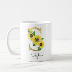 Mug Monogramme Gold Sunflower Girl Floral Initial S